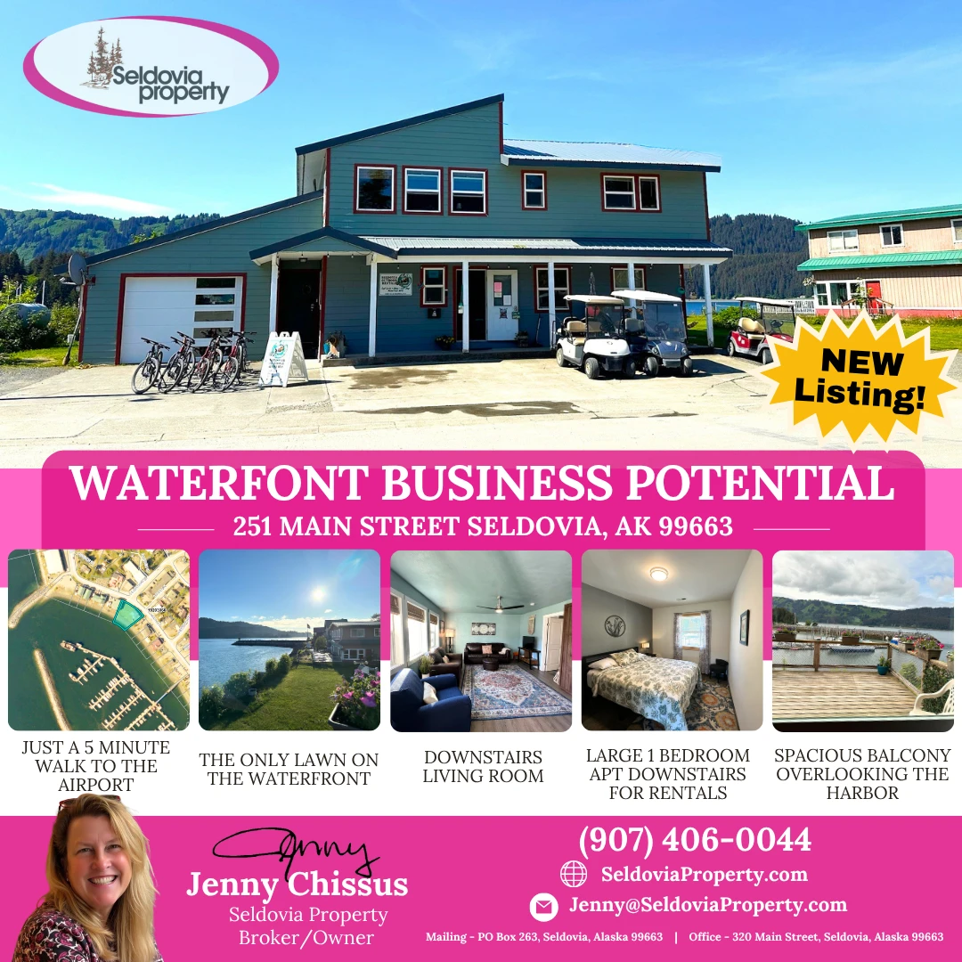 Check out this rare waterfront property on the Seldovia Small Boat Harbor in Seldovia featuring a double lot and the ONLY grassy lawn right on the harbor